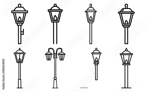 romantic street lamp line icon set. Simple outline collection for valentines day. Editable stroke vector illustration black outline shape on transparent background.