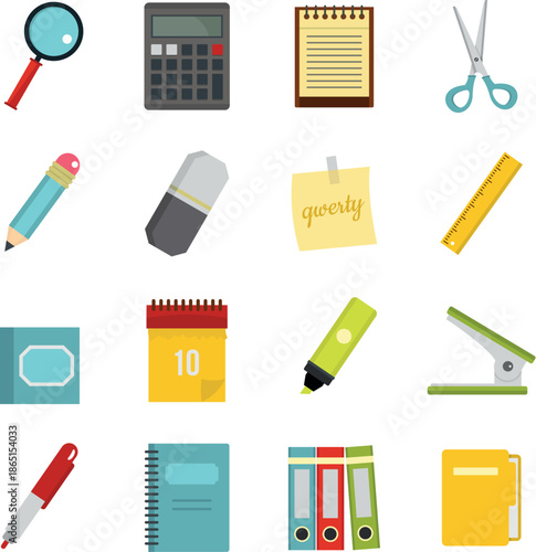 Stationery symbols icons set in flat style