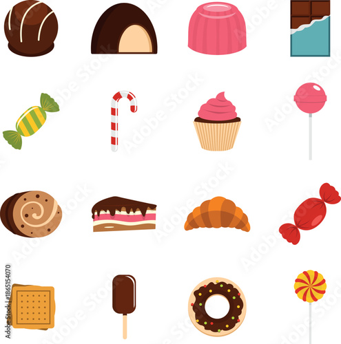Sweets and candies icons set in flat style