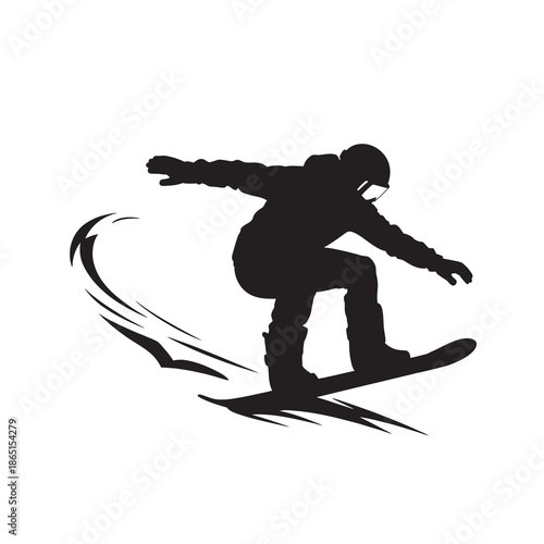 A silhouette illustration of a snowboarder carving and turning on a white background