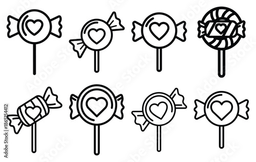 valentine candy lollipop line icon set. Simple outline collection for valentines day. Editable stroke vector illustration black outline shape on transparent background.