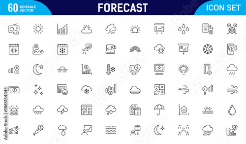 Forecast outline icon set. Nature icon set. Included weather, weather climate, meteorology. Thin outline icons pack. Vector illustration