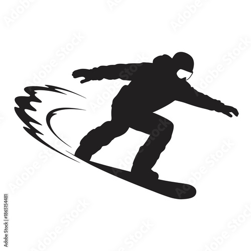 Dynamic black silhouette of a snowboarder carving down a snowy mountain