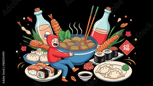 Asian cuisine feast with happy kid cartoon