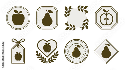 Autumn harvest label icons, apple and pear emblems, laurel wreath frames, farmers market badges, orchard festival graphics, seasonal food vector