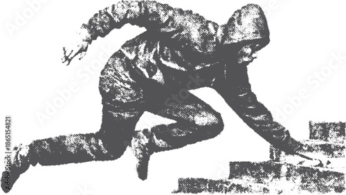 Man running in motion, demonstrating dynamic movement. A black and white vector illustration highlighting urban fitness in a modern style.