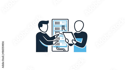 Simplified illustration showing two figures examining a data rack. One points, the other holds a tablet. The style is flat, and the color palette is blue, black, and white