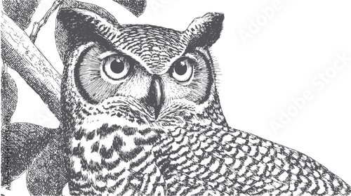 Owl with detailed feathers in a realistic vector illustration. This vintage depiction showcases a solitary bird sitting on a willow branch.