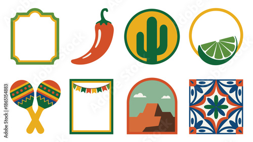 Cinco de Mayo fiesta frames, chili pepper label, cactus badge, lime medallion, desert scene tile, maracas border, party invitation vector