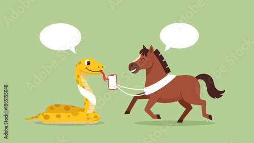 Cartoon Snake and Horse Using Smartphone