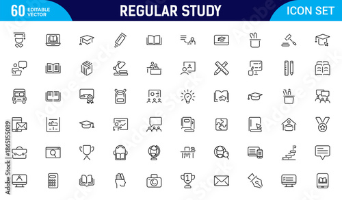 Regular Study line icon set. Student vector line icon set. Featuring graduation, degree, e-learning, book, knowledge, education and more. Thin outline icons pack. Vector illustration