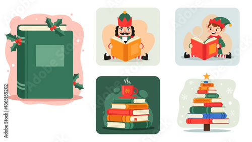 Christmas books vector illustration set