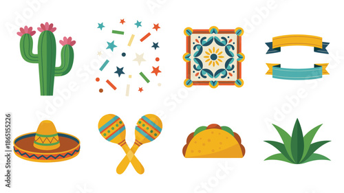 Mexican fiesta icons illustration set with cactus, confetti, maracas, sombrero, taco, agave plant, colorful tile, ribbon banners for celebration