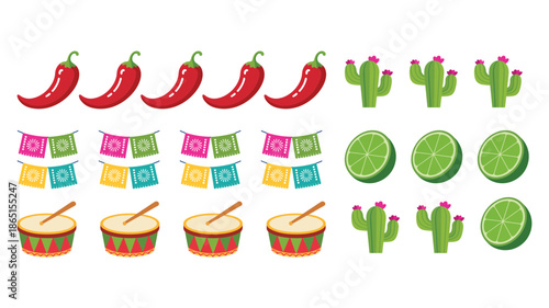 Cinco de Mayo celebration vector set with papel picado banners, chili peppers, cactus, lime slices, drum icons for parade decor
