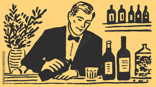 Bartender preparing a cocktail in a minimal style. Professional vector illustration featuring bottles, glass, and a vase with plant set on the table.