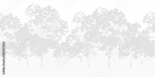 A serene grayscale forest scene with dense tree silhouettes and minimal detail