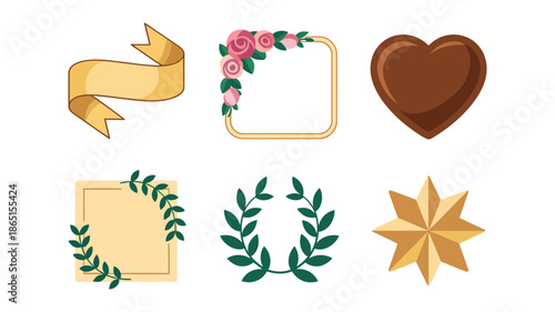 Celebration frame set featuring golden ribbon, rose corner border, chocolate heart icon, laurel branches, starburst seal, gift tags, cards