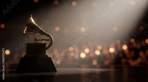 Golden trophy under stage spotlight. Grammy trophy on podium for Grammy Awards Ceremony promo, music awards show night, trophy glow with bokeh crowd, copy space, gala theme, luxury concept