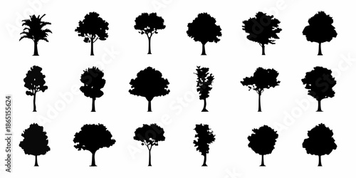 A collection of various black silhouette trees against a white background