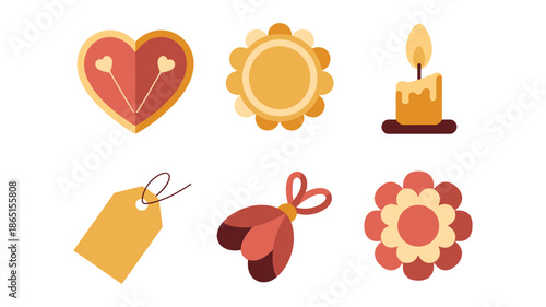 Celebration icon set, heart medallion, sun badge, candle light, gift tag, ribbon heart, flower rosette, valentines dinner, romantic party