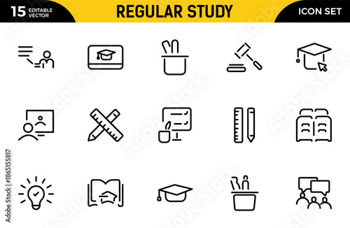 Regular Study line icon set. Student vector line icon set. Featuring graduation, degree, e-learning, book, knowledge, education and more. Thin outline icons pack. Vector illustration