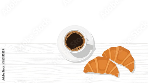 Overhead view of a cup of dark coffee with two pastries placed on a white wooden surface. Soft shadows enhance the scene