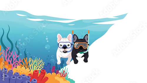 Whimsical underwater scene with two dogs wearing snorkels, amidst colorful coral and bubbles, with white space