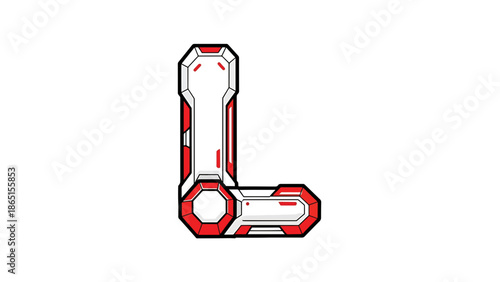 White and red futuristic letter "L" outline with black details on a plain white background