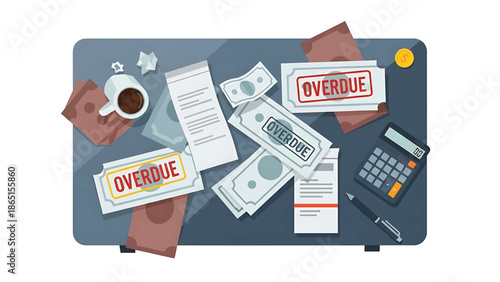 Overhead view depicts a cluttered, weathered desk with bills labeled "overdue," cash, a calculator, pen, coffee, and crumpled paper. It symbolizes financial stress