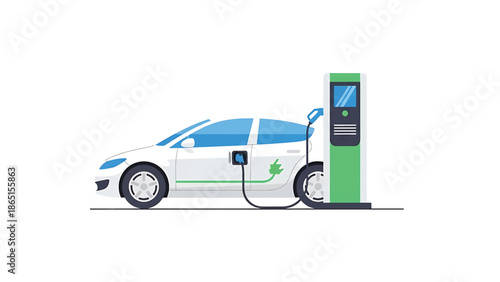 White electric car charging at a green charging station against a white background in a flat illustration style