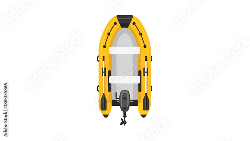 Overhead vector graphic of a yellow inflatable boat with a motor and oars, isolated on white. Boat contains seating