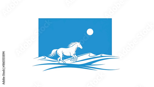 White horse runs on a wavy, stylized landscape under a bright moon, silhouetted against a turquoise blue sky