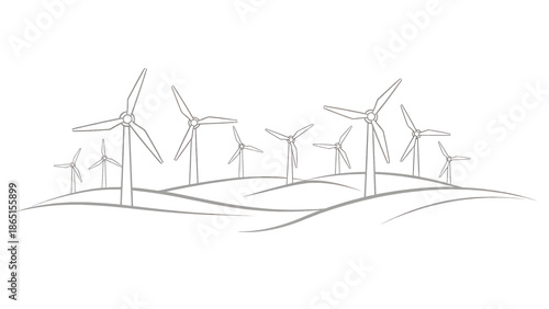 Wind turbines drawn in simple lines, powering the landscape