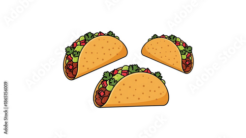 Three appetizing tacos, filled with colorful ingredients, rest on a clean, bright white background. Each taco is detailed with vibrant colors and textures