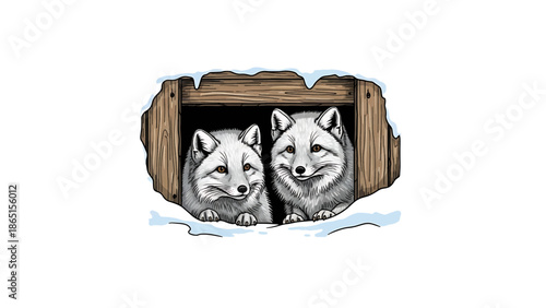 Two foxes, illustrated in a graphic style, peep from a wooden structure surrounded by snow. The artwork evokes a cozy winter scene