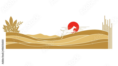 Dog running in desert landscape illustration
