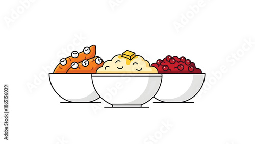 Three bowls filled with various delicious dishes. Carrots and mashed potatoes with butter are the stars, accompanied by a berry side. Whimsical line art
