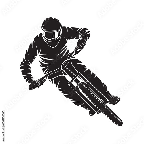 A striking black and white vector illustration of a downhill mountain biker in action on a trail.