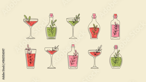 Elegant botanical cocktails and bottles line art