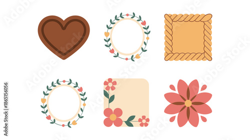 Rustic wedding label collection, stitched heart icon, floral wreath rings, rope border frame, blossom badge, anniversary invitation tags vector