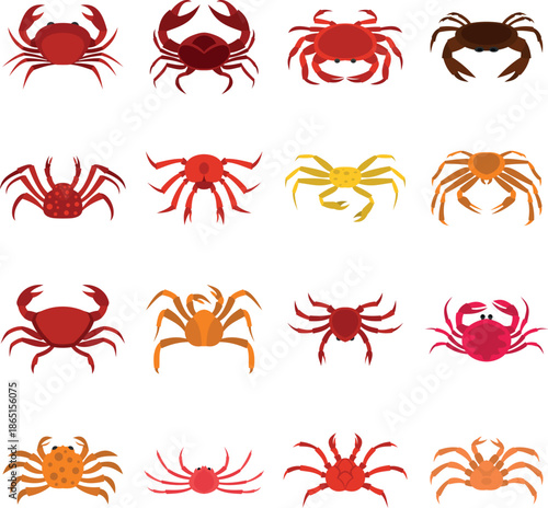 Various crab icons set in flat style