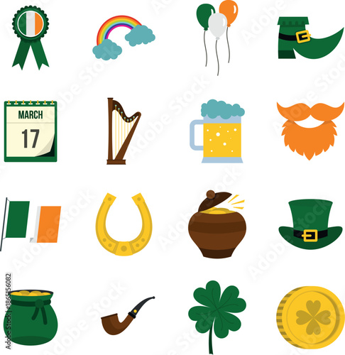 Saint Patrick icons set in flat style