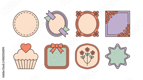 Sweet bakery gift label set, round frames with bows, cupcake icon, floral badge, birthday party invitation, dessert signage vector