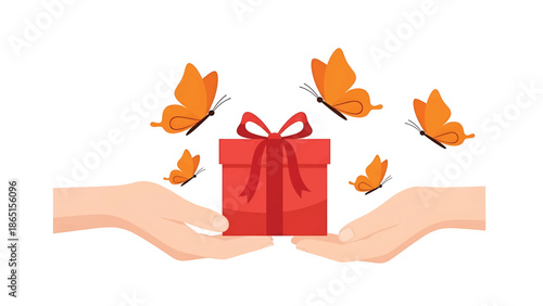 Two hands cradle a red gift box tied with a bow.  Orange butterflies flutter around the present against a white backdrop