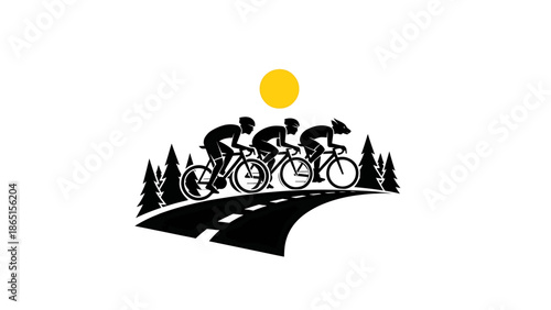 Three cyclists race under a sun, amid trees on a road; monochrome design against white backdrop
