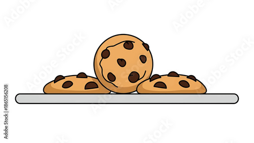 Three delicious chocolate chip cookies, one large and two smaller, rest on a grey shelf, against a blank white backdrop. The food item displays a warm, inviting color palette