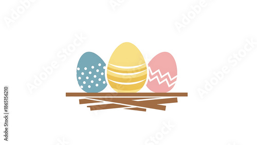 Three decorated eggs rest on a wooden structure, possibly a nest. Each egg features unique designs polka dots, stripes, and zigzags. The background is white