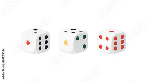 Three dice of varying face combinations sit against a white background. Each die features a different color dot for the pips