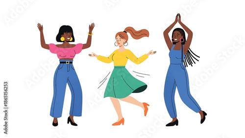 Three diverse women in colorful outfits dance joyfully on a white background, arms raised or spread. Their smiles and lively movements suggest fun