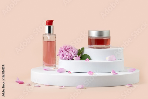 containers for skin care products on a white round podium and rose flowers on a pink background